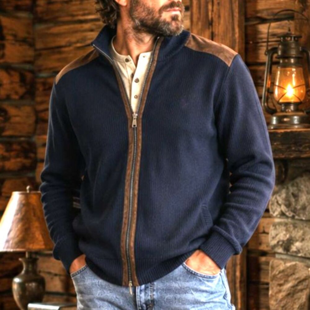 Navy Ribbed Cotton Full Zip Cardigan Sweater Jacket Faux Suede Southern Pines XL